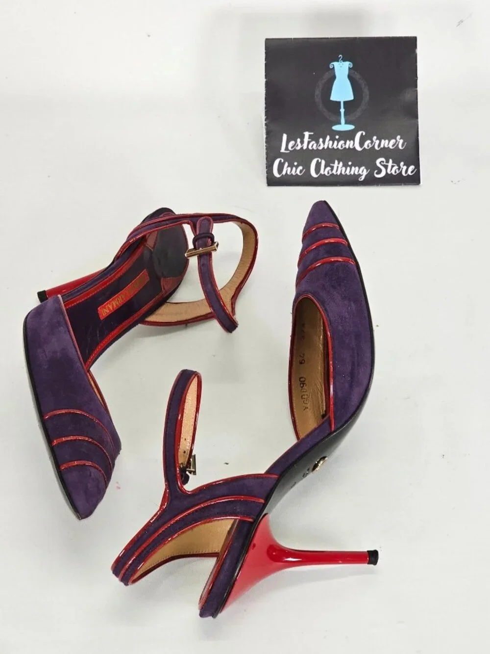 Giorgio Armani Women's Purple/Red Suede Stiletto Heels Ankle Strap Size 7 101 - Picture 15 of 16